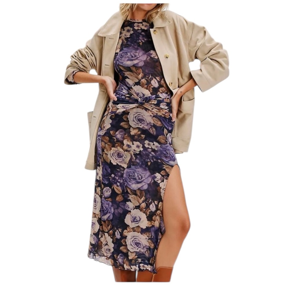 Free People Boho Blue/Purple Floral Gianni Midi Dress- S  NWOT